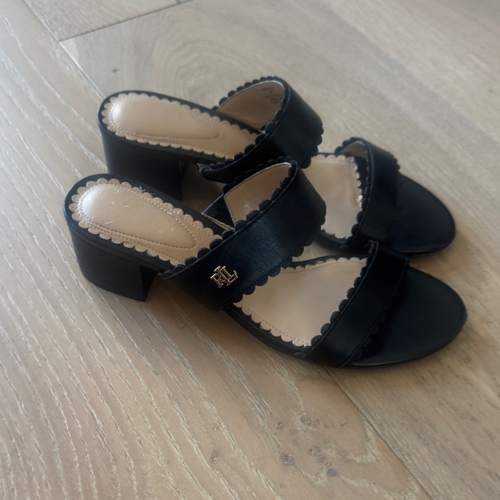 Lauren Ralph Lauren Black Scalloped Leather Mules